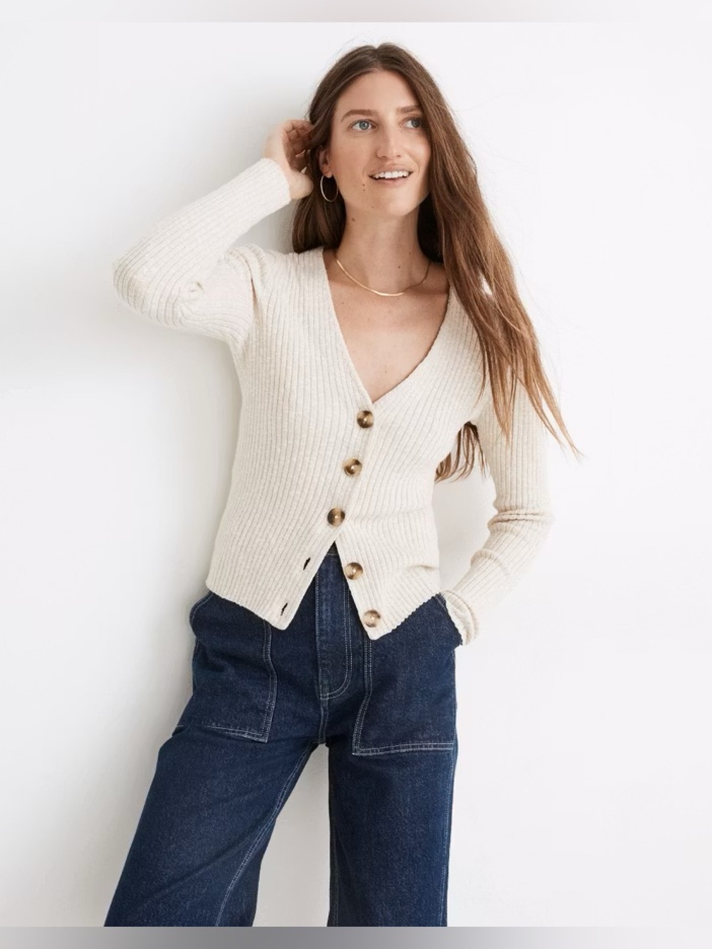 Madewell Cream Shrunken Ribbed Cardigan Sweater Button-Front Size‎ Small
